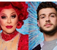 La Voix with red hair and red sequined earings and dress. George Clarke in a blue, grey and black chequered jumper.