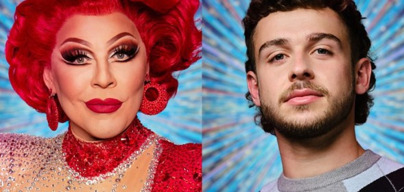 La Voix with red hair and red sequined earings and dress. George Clarke in a blue, grey and black chequered jumper.