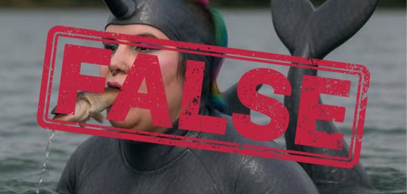 An AI-generated image of a woman swimming in a lake dressed as a dolphin with a graphic saying "false" over the top.