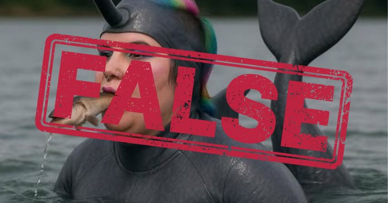 An AI-generated image of a woman swimming in a lake dressed as a dolphin with a graphic saying "false" over the top.