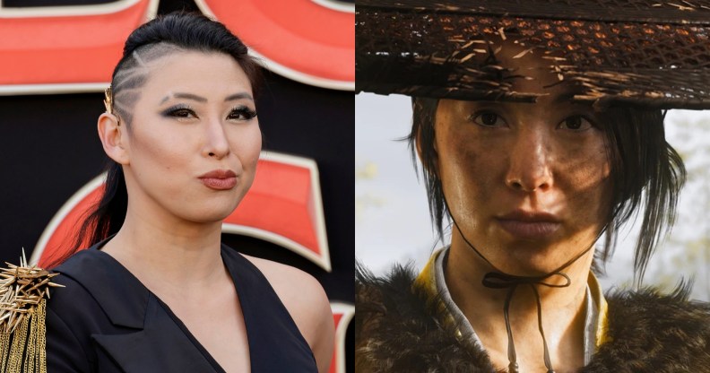 Erika Ishii attends the Los Angeles Premiere Of Dungeons And Dragons: Honor Among Thieves. Side of their head shared with a black suit top. Then a still from Ghost of Yōtei where someone with a straw hat and fur shawl looks beyond the camera.
