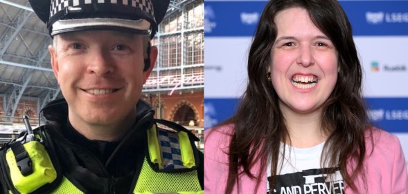 Image of Chief Superintendent at the British Transport Police, Chris Casey, in a high vis pollce vest and hat. Image of Rosie Jones wearing a pink suit smiling.