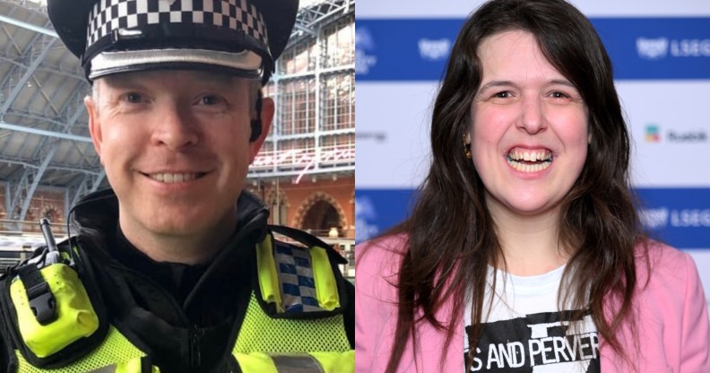 Image of Chief Superintendent at the British Transport Police, Chris Casey, in a high vis pollce vest and hat. Image of Rosie Jones wearing a pink suit smiling.