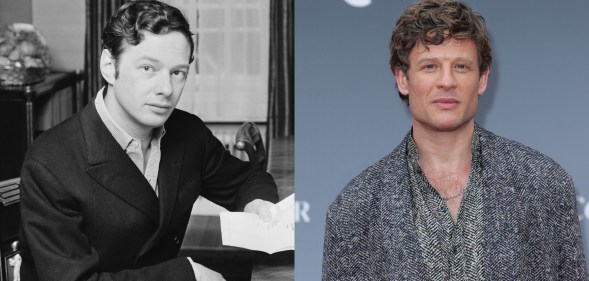 Black and white image of Brian Epstein in a suit reading a letter beside an image of actor James Norton wearing a grey shirt and jacket.