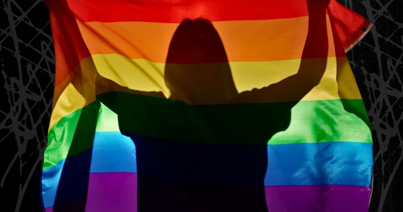 A silhouette holding an LGBTQ+ Pride flag.