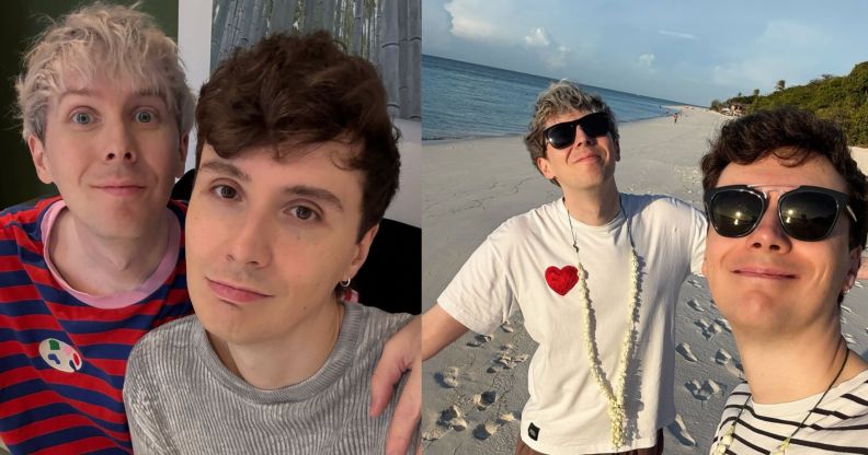 Two photos of Dan and Phil together in an image composite.