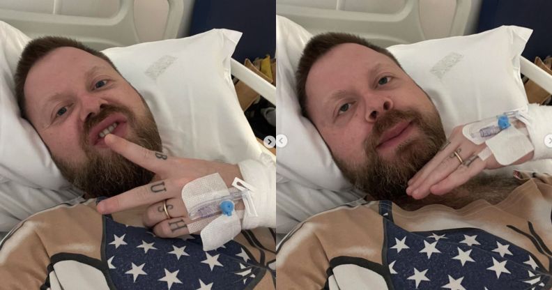 Two selfies of Ginny Lemon in a hospital bed.