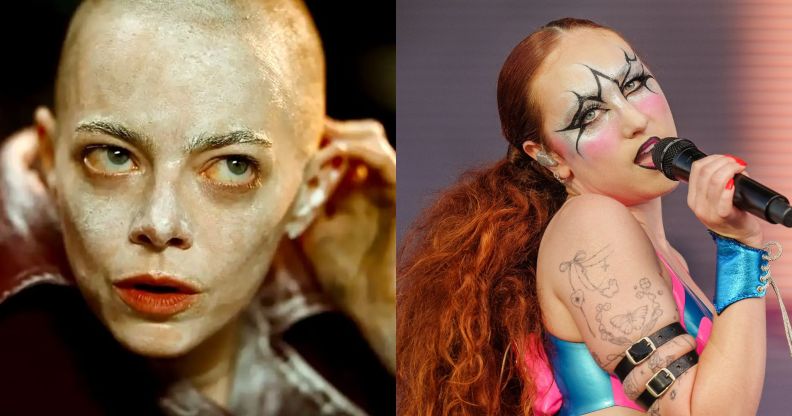 On the left, Emma Stone is bald and covered in white makeup for her new film Bugonia. On the right, Chappell Roan performs in a blue and pink bra and white eye makeup.