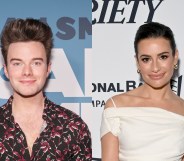 side by side photos of Chris Colfer in a red and black floral shirt then Lea Michele in a white dress.
