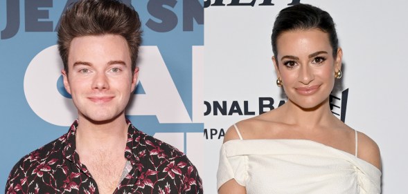 side by side photos of Chris Colfer in a red and black floral shirt then Lea Michele in a white dress.