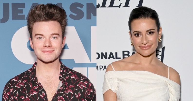 side by side photos of Chris Colfer in a red and black floral shirt then Lea Michele in a white dress.