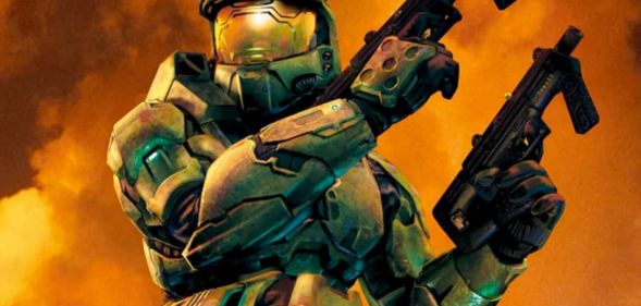 Halo protagonist, Master Chief, holding two SMGs.