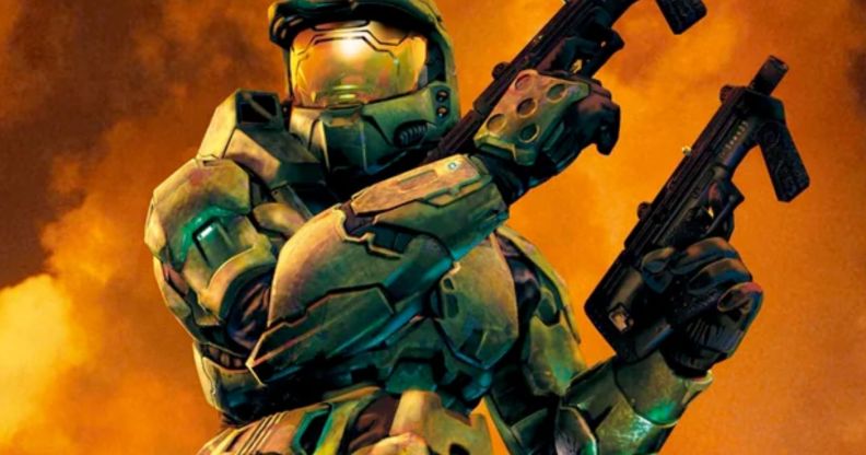 Halo protagonist, Master Chief, holding two SMGs.