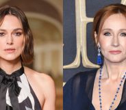 Keira Knightley on the left, JK Rowling on the right, at separate red carpet events.