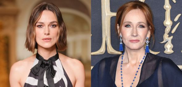 Keira Knightley on the left, JK Rowling on the right, at separate red carpet events.