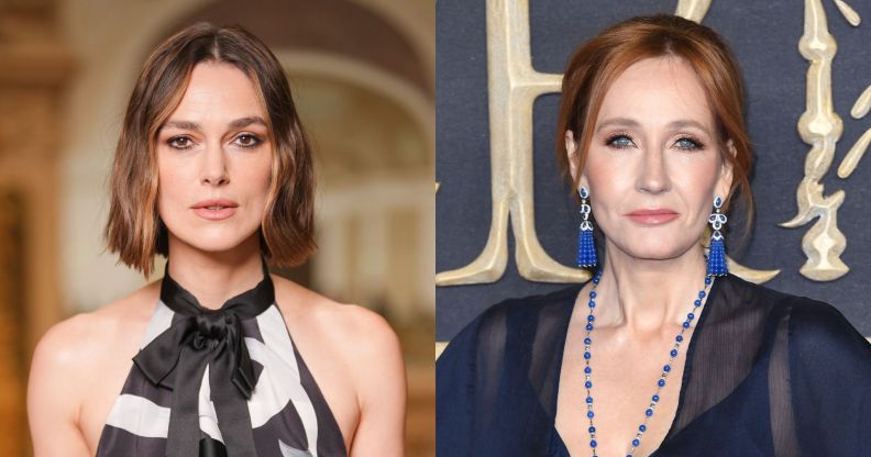 Keira Knightley on the left, JK Rowling on the right, at separate red carpet events.