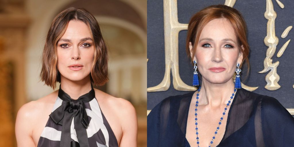 Keira Knightley on the left, JK Rowling on the right, at separate red carpet events.