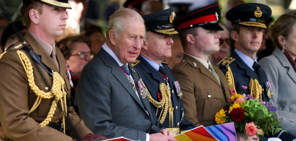 ALREWAS, STAFFORDSHIRE - OCTOBER 27: King Charles III (2nd L) during the dedication ceremony for a new memorial to the Armed Forces LGBT+ community at Founders Room National Memorial Arboretum on October 27, 2025 in Alrewas, Staffordshire. The memorial, named "An Opened Letter" is the first to be dedicated to members of the LGBT+ community in the armed forces. Until 2000, it was illegal for members of the British Armed Forces to be openly gay. The memorial is dedicated to those who suffered under this law as well as those currently serving in the military. (Photo by Phil Noble - WPA Pool/Getty Images)