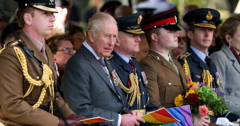 ALREWAS, STAFFORDSHIRE - OCTOBER 27: King Charles III (2nd L) during the dedication ceremony for a new memorial to the Armed Forces LGBT+ community at Founders Room National Memorial Arboretum on October 27, 2025 in Alrewas, Staffordshire. The memorial, named "An Opened Letter" is the first to be dedicated to members of the LGBT+ community in the armed forces. Until 2000, it was illegal for members of the British Armed Forces to be openly gay. The memorial is dedicated to those who suffered under this law as well as those currently serving in the military. (Photo by Phil Noble - WPA Pool/Getty Images)