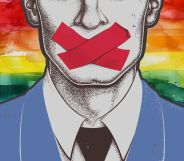 An illustration of a man with red tape in front of a rainbow flag.