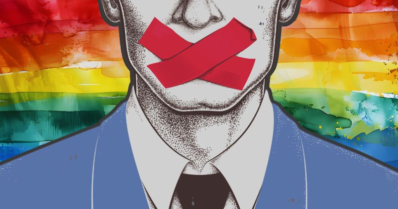 An illustration of a man with red tape in front of a rainbow flag.