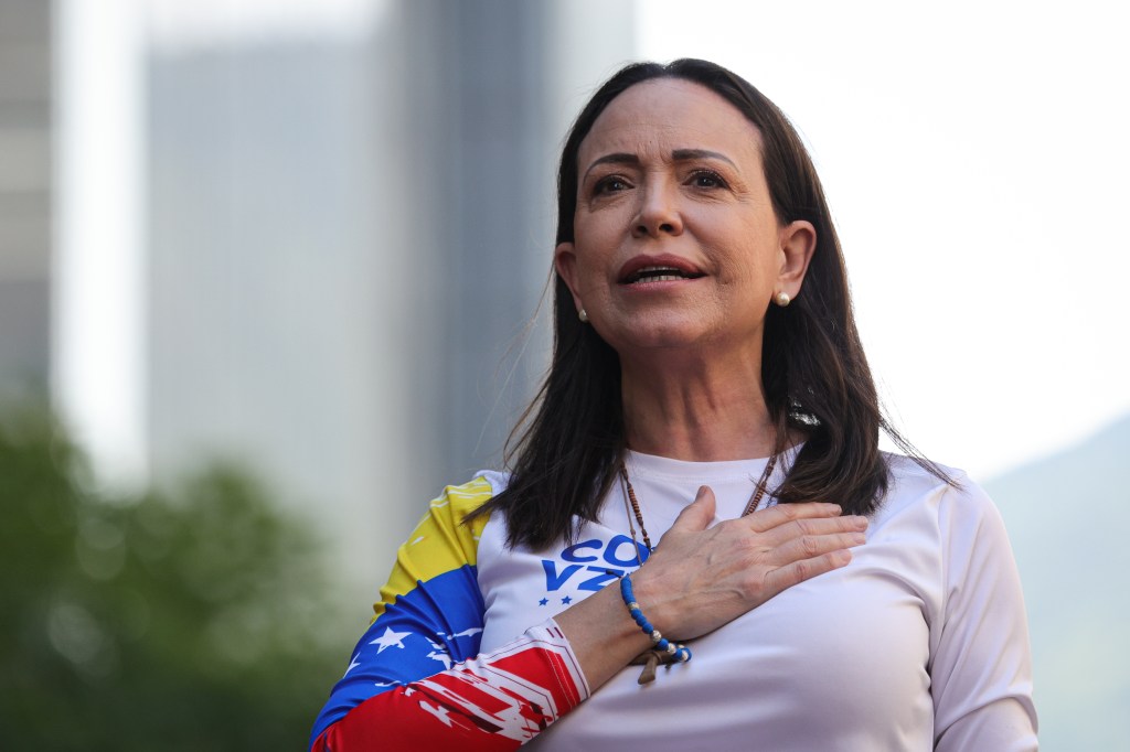 Opposition leader Maria Corina Machado gestures during an anti-government protest on 9 January, 2025 in Caracas, Venezuela. 