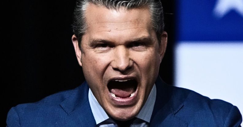 Pete Hegseth, pictured with his mouth open.