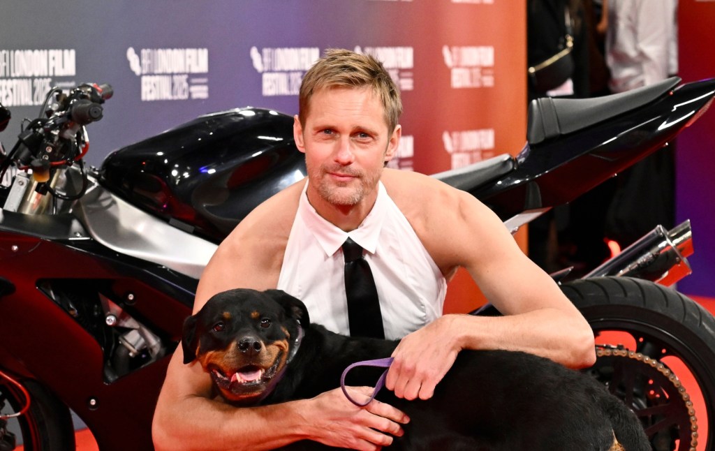 Alexander Skarsgård and Maggie at the London Film Festival Pillion premiere.