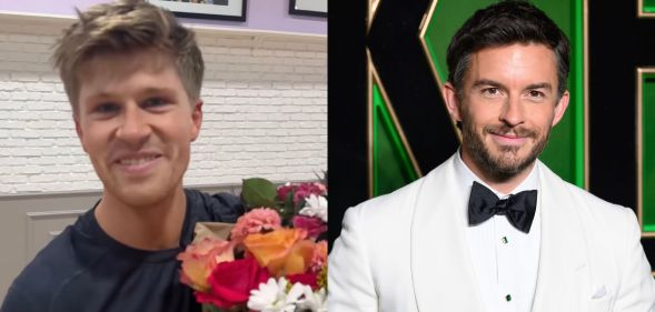 On the left, Robert Irwin smiling holding a bunch of flowers. On the right, Jonathan Bailey in a white suit and bow tie at the 2024 Wicked premiere.