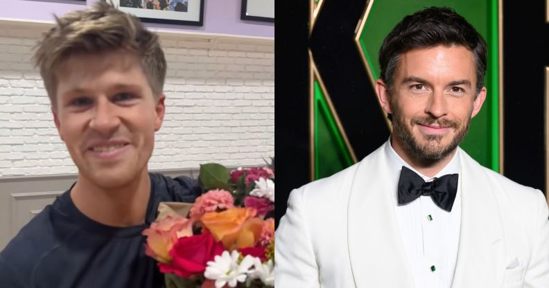 On the left, Robert Irwin smiling holding a bunch of flowers. On the right, Jonathan Bailey in a white suit and bow tie at the 2024 Wicked premiere.