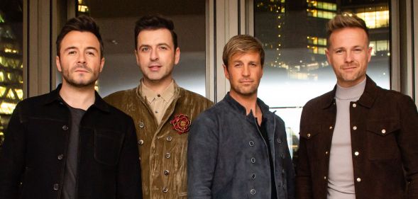 Shane Filan, Mark Feehily, Kian Egan and Nicky Bryne attend an intimate evening with Westlife, hosted by Vernon Kay, at the Pan Pacific London on November 05, 2021 in London, England.
