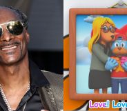 On the left, Snoop Dogg smiles while wearing a black shirt, gold jacket and black sunglasses. On the right, a still from the Love Is Love animated music video.
