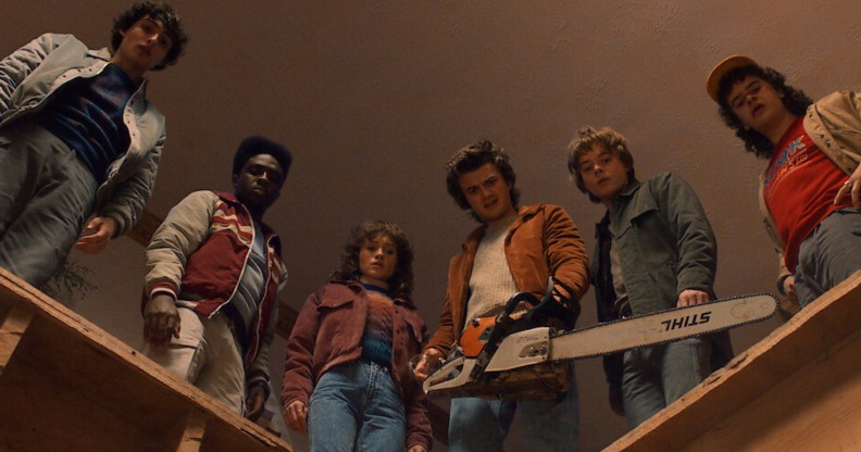 (L to R) Finn Wolfhard as Mike, Caleb McLaughlin as Lucas, Natalia Dyer as Nancy, Joe Keery as Steve, Charlie Heaton as Jonathan, and Gaten Matarazzo as Dustin.