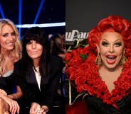 Tess Daly and Claudia Winkleman next to picture of La Voix. (Photo by John Phillips/Getty Images for the NTA's)