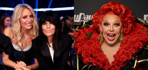 Tess Daly and Claudia Winkleman next to picture of La Voix. (Photo by John Phillips/Getty Images for the NTA's)