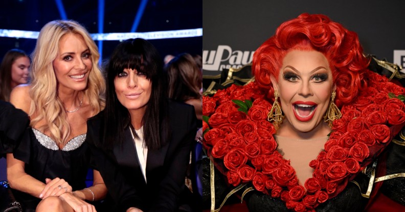 Tess Daly and Claudia Winkleman next to picture of La Voix. (Photo by John Phillips/Getty Images for the NTA's)