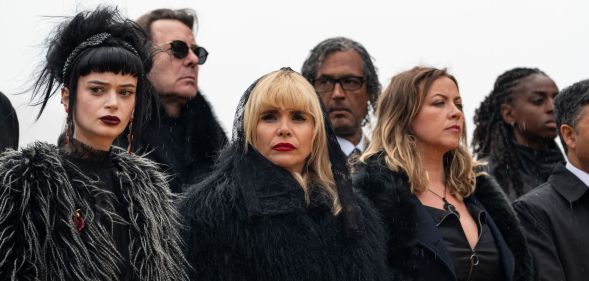 Ruth Codd, Paloma Faith and Charlott Church dressed in black and looking solemn in The Celebrity Traitors.