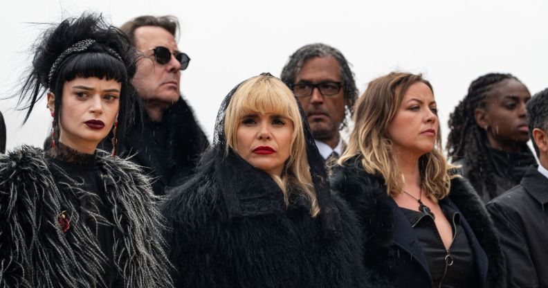 Ruth Codd, Paloma Faith and Charlott Church dressed in black and looking solemn in The Celebrity Traitors.