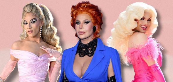 Jewels Sparkles, Trinity The Tuck and Sam Star against a pink background.