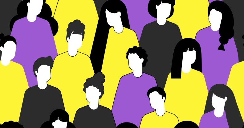 non-binary flag colours on cartoon people's shirts