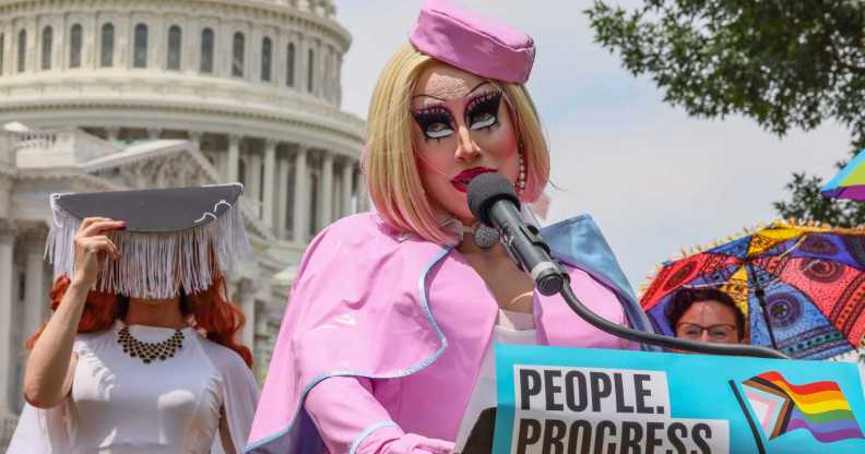 Drag performer Brigitte Bandit speaks during a press conference advocating for LGBTQ+ rights on Capitol Hill on June 25, 2024 in Washington, DC.
