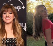 Kelly Clarkson on a red carpet with a black dress with floral silver sequins and a shot of trans teen Harleigh in a red cropped top with her long brown hair over her shoudlers.