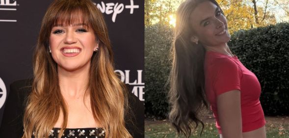 Kelly Clarkson on a red carpet with a black dress with floral silver sequins and a shot of trans teen Harleigh in a red cropped top with her long brown hair over her shoudlers.