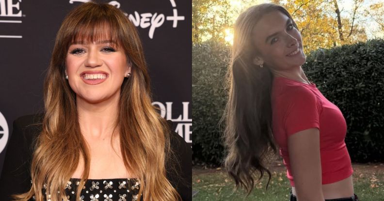 Kelly Clarkson on a red carpet with a black dress with floral silver sequins and a shot of trans teen Harleigh in a red cropped top with her long brown hair over her shoudlers.