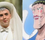 On the left, Cole Escola in a white suit and hat. On the right, Bon Clay in the manga comic One Piece.
