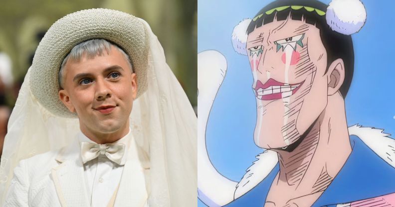 On the left, Cole Escola in a white suit and hat. On the right, Bon Clay in the manga comic One Piece.