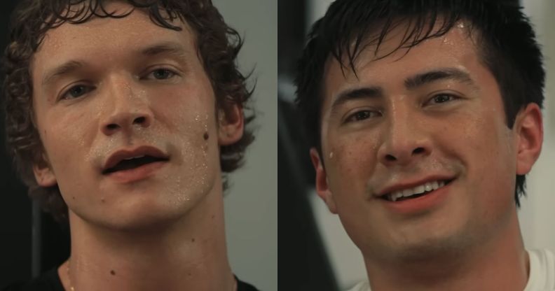 Connor Storrie and Hudson Williams as Ilya Rozanov and Shane Hollander in Heated Rivalry.