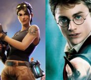 A split image of Fortnite and Harry Potter.