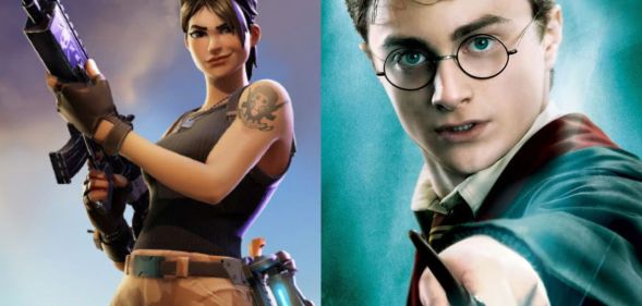 A split image of Fortnite and Harry Potter.