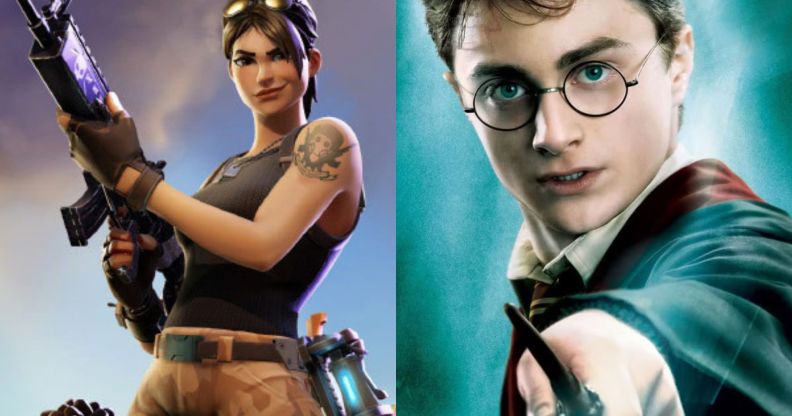 A split image of Fortnite and Harry Potter.